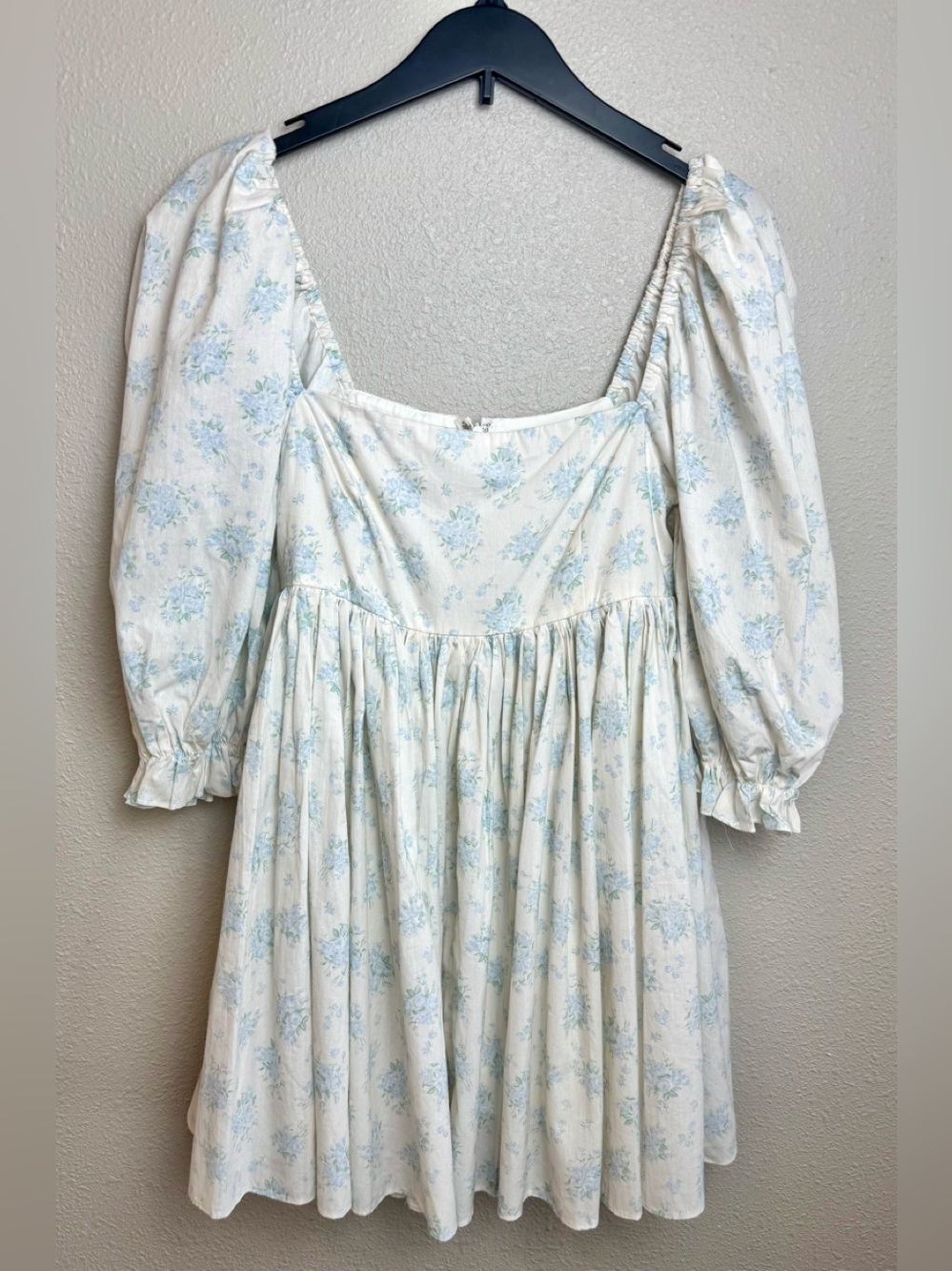 The Post Floral Blue White Babydoll Mini Dress Cottagecore Puff Sleeve Size Smal